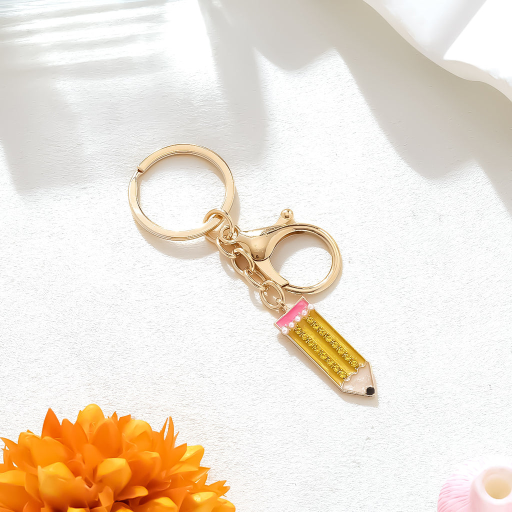 Rhinestone Pencil Charm Keychain - Gold - 2