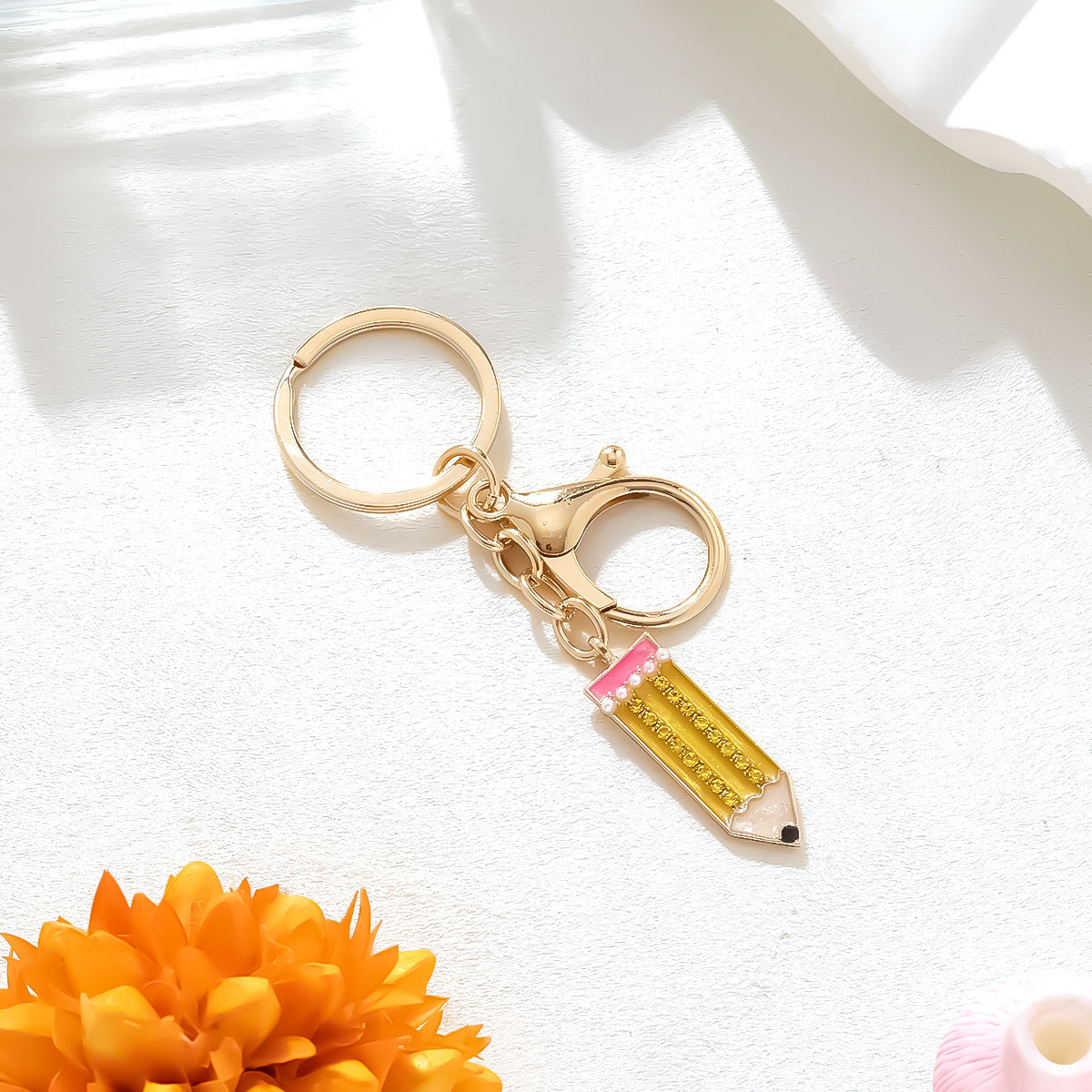 Rhinestone Pencil Charm Keychain - Gold - 2