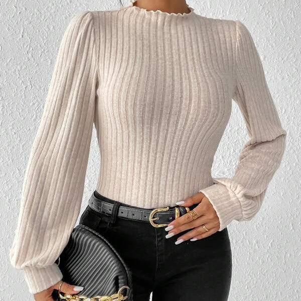 Ribbed Knit Mock Neck Puff Sleeve Bodysuit - Apricot