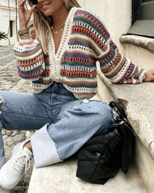 Openwork Crochet Cropped Cardigan Button Front - Color