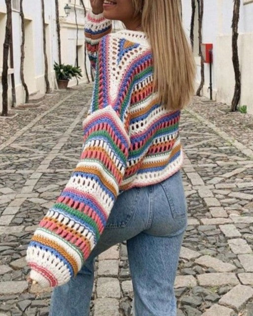 Openwork Crochet Cropped Cardigan Button Front - Color - 1