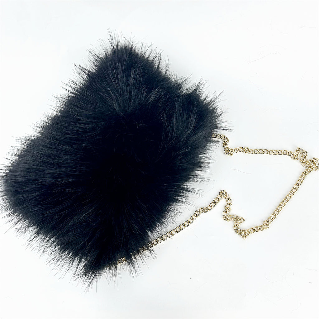Fluffy Faux Fur Chain Crossbody Purse - Black