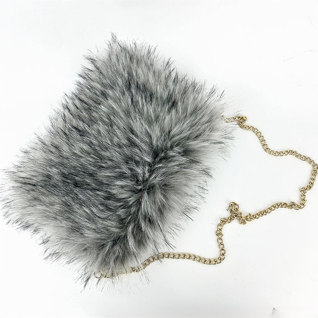 Fluffy Faux Fur Chain Crossbody Purse - Grey