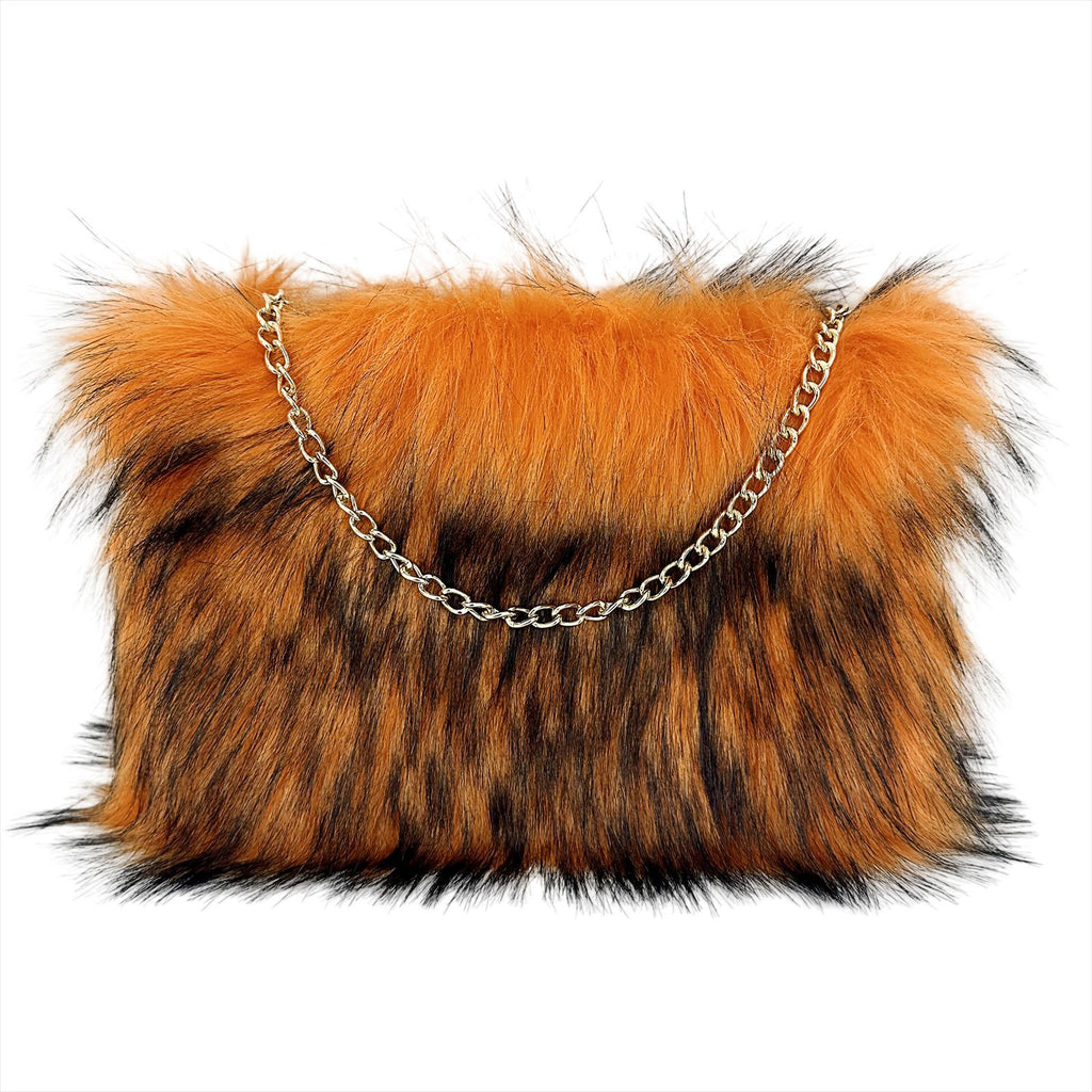 Fluffy Faux Fur Chain Crossbody Purse - Orange - 1