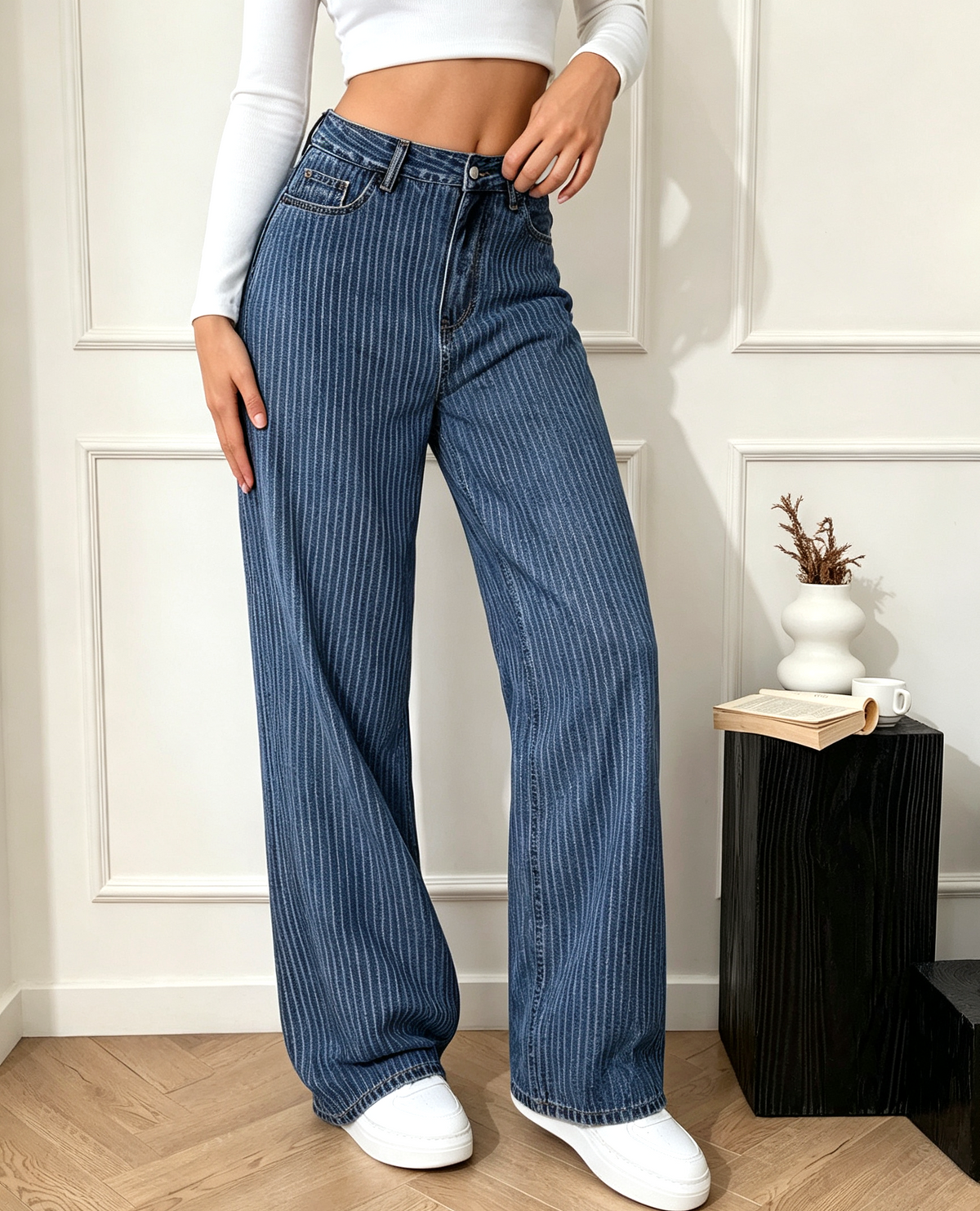 Pinstripe High Waist Wide Leg Jeans - Blue