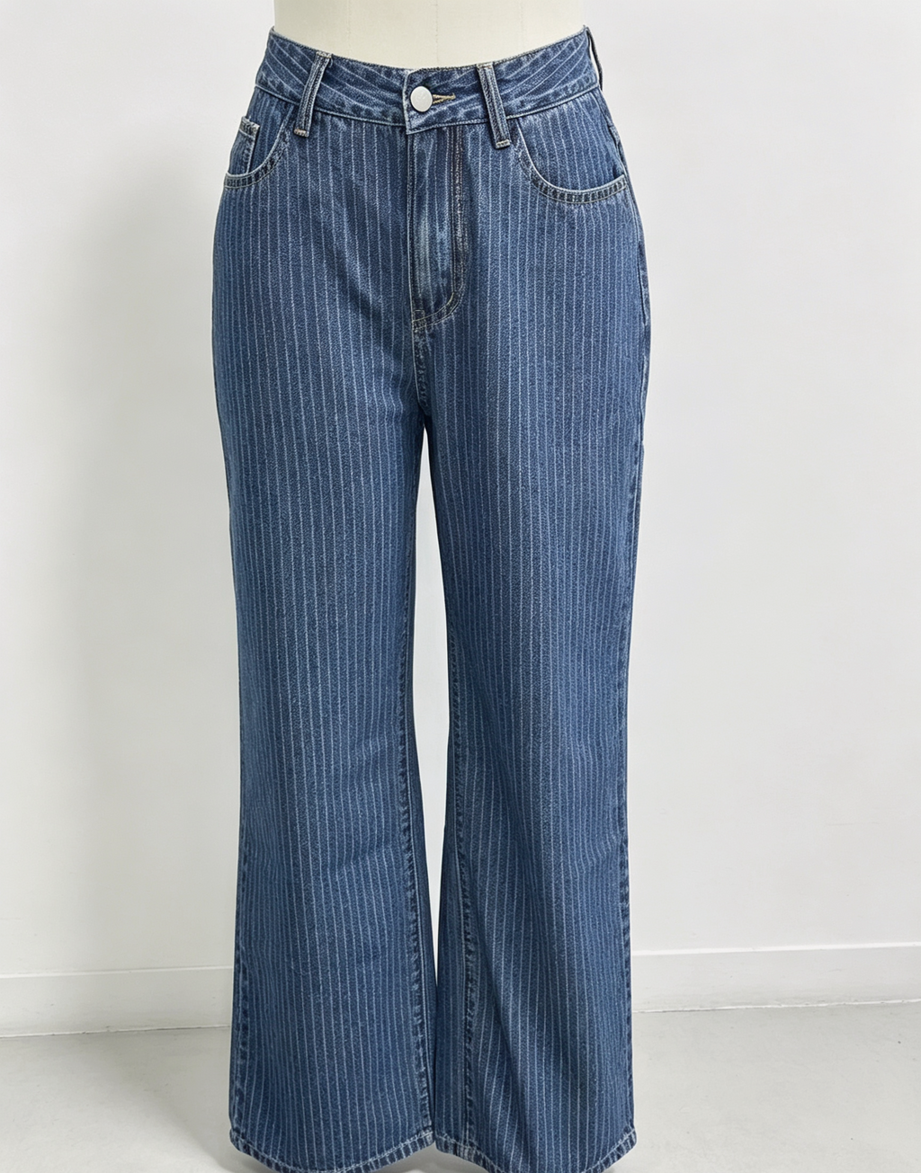 Pinstripe High Waist Wide Leg Jeans - Blue - 1