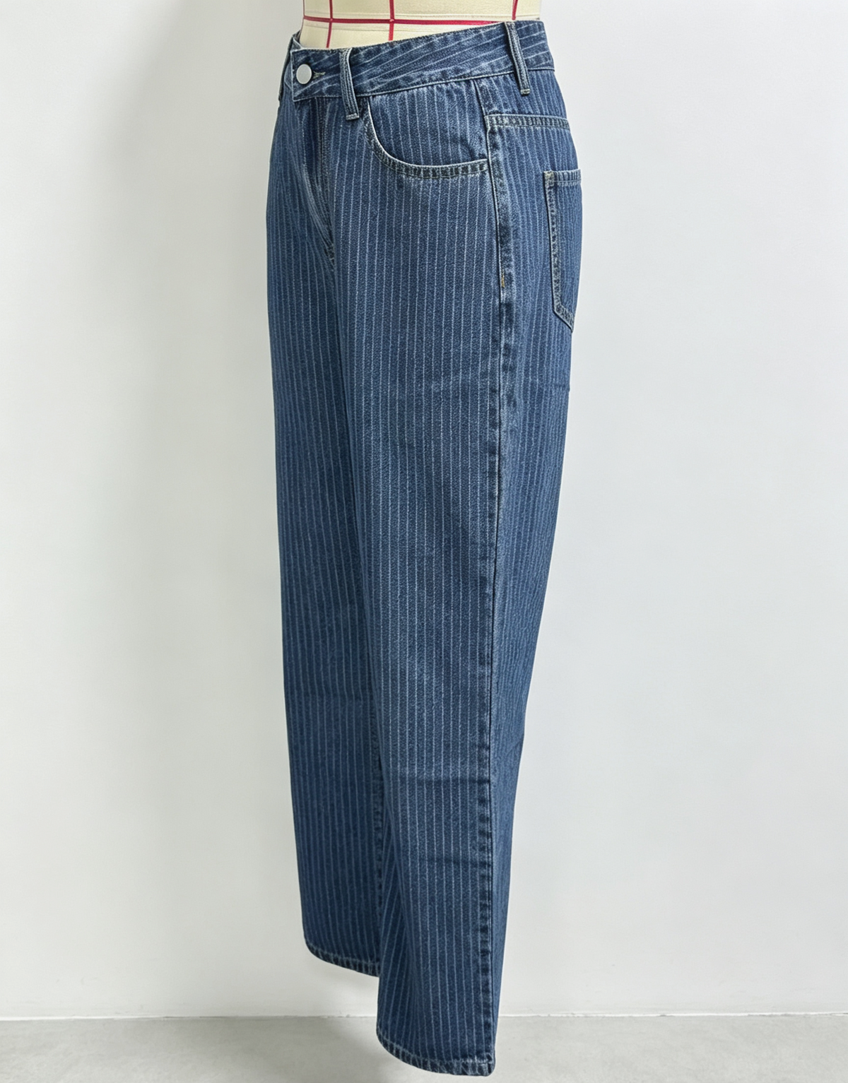 Pinstripe High Waist Wide Leg Jeans - Blue - 3