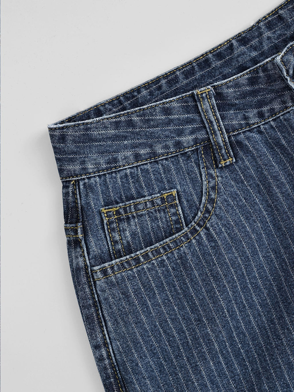 Pinstripe High Waist Wide Leg Jeans - Blue - 4