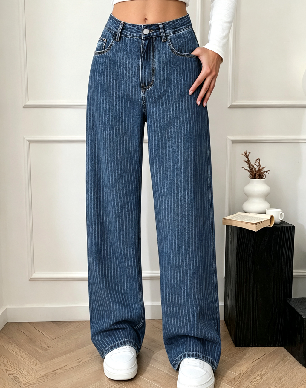 Pinstripe High Waist Wide Leg Jeans - Blue - 6