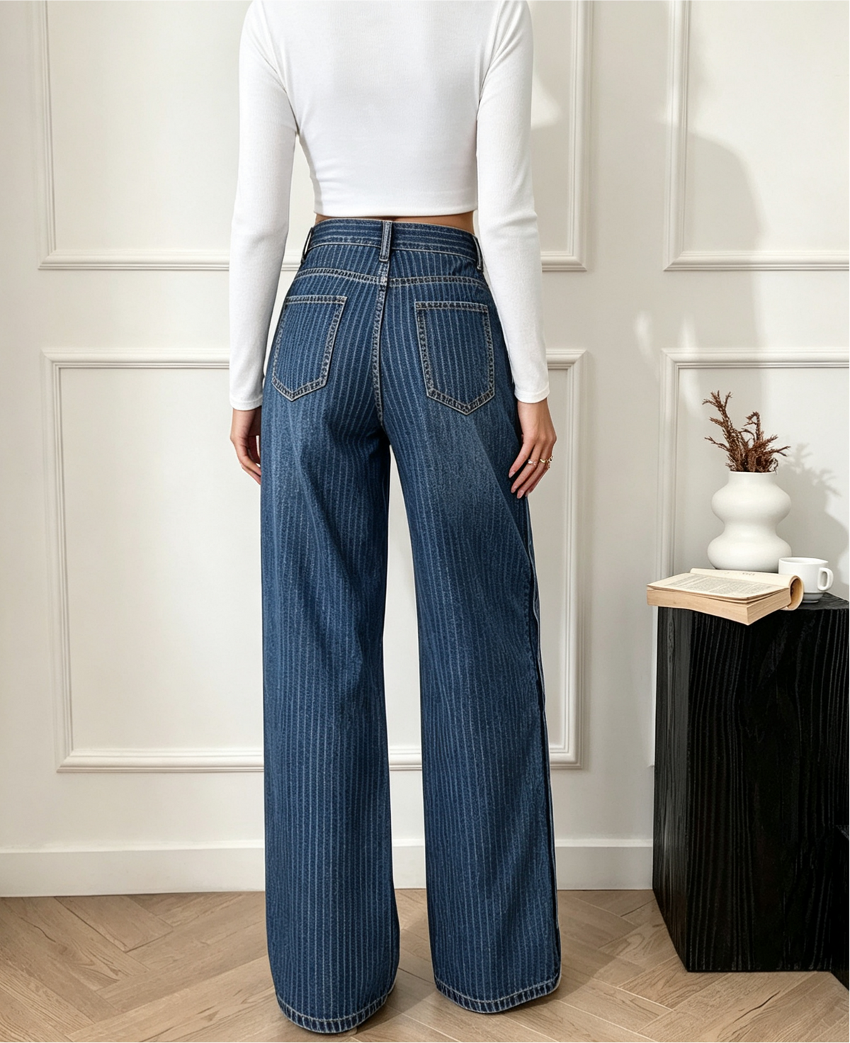 Pinstripe High Waist Wide Leg Jeans - Blue - 8