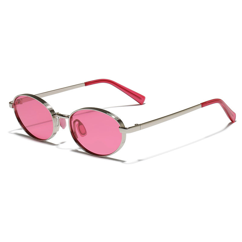 Tinted Oval Metal Frame Y2K Sunglasses - Silver Pink