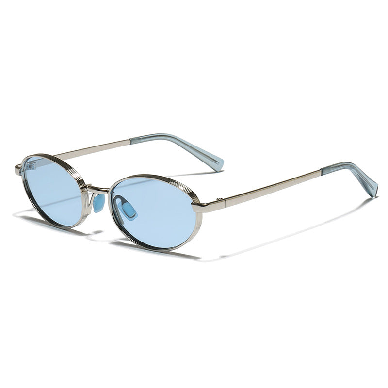 Tinted Oval Metal Frame Y2K Sunglasses - Silver Blue
