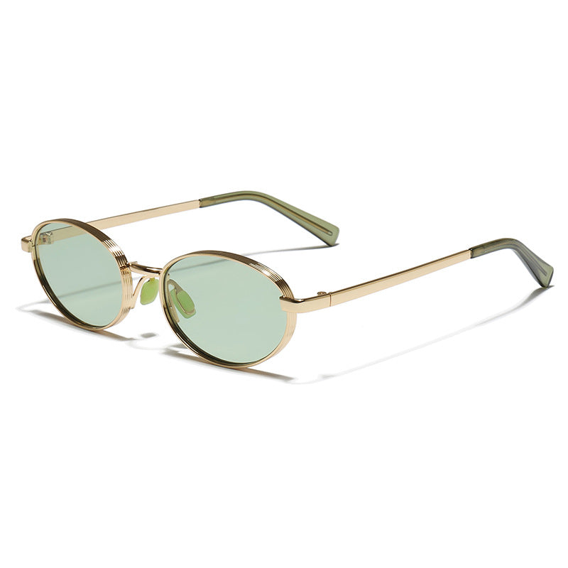 Tinted Oval Metal Frame Y2K Sunglasses - Gold Green