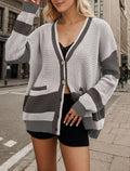 Colorblock Waffle Knit Oversized Cardigan - Grey