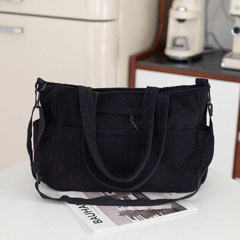Oversized Corduroy Tote Bag with Crossbody Strap - Black