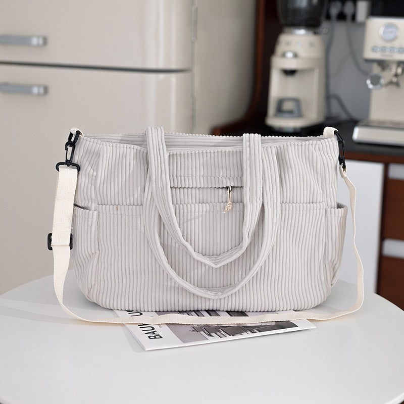 Oversized Corduroy Tote Bag with Crossbody Strap - Cream