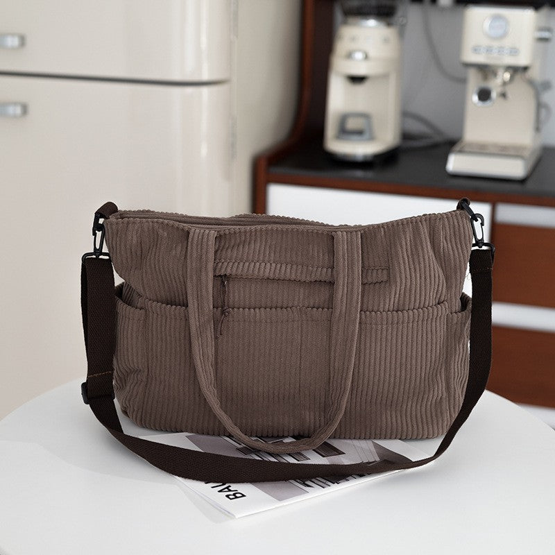 Oversized Corduroy Tote Bag with Crossbody Strap - Mocha