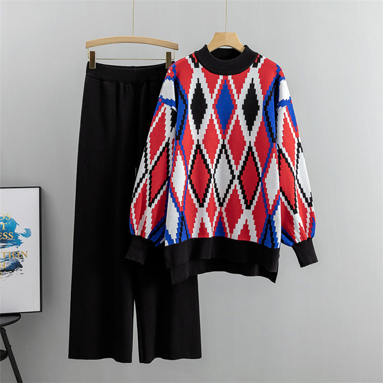 Argyle Jacquard Knit Sweater And Trouser Set - Black