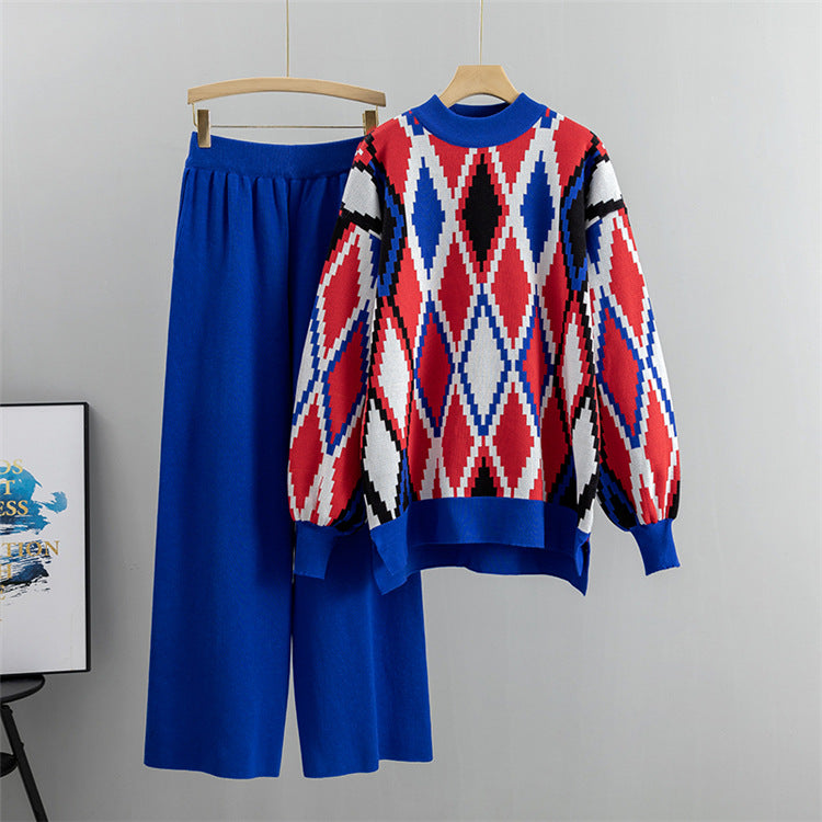 Argyle Jacquard Knit Sweater And Trouser Set - Blue