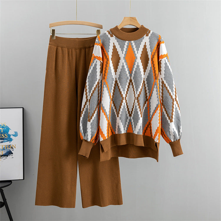 Argyle Jacquard Knit Sweater And Trouser Set - Brown