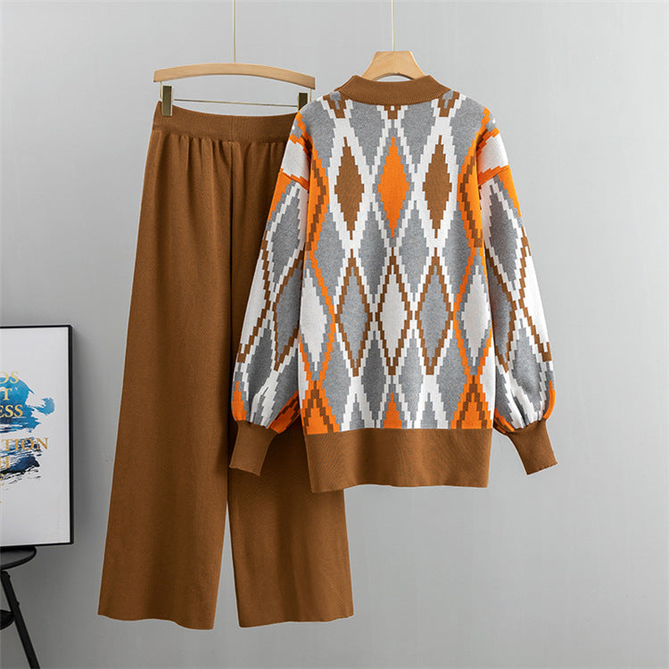 Argyle Jacquard Knit Sweater And Trouser Set - Brown - 1