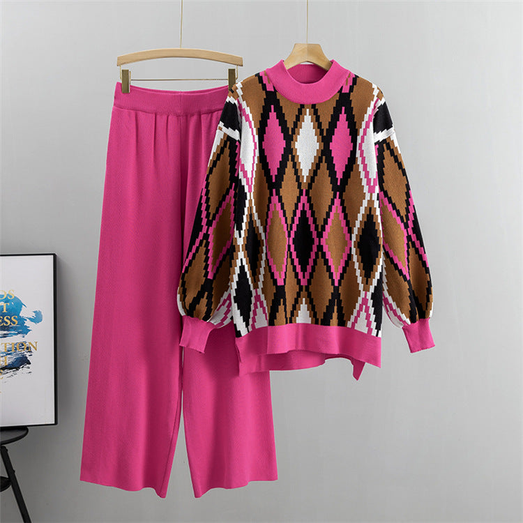 Argyle Jacquard Knit Sweater And Trouser Set - Rouge