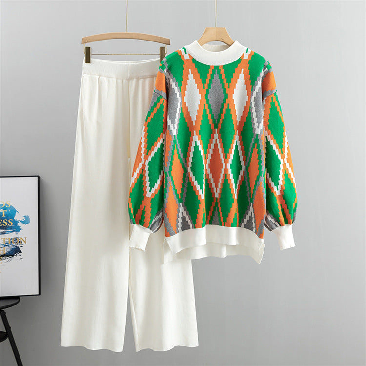Argyle Jacquard Knit Sweater And Trouser Set - White