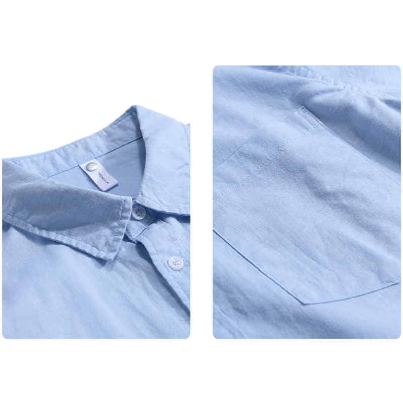Oversized Linen Blend Button Down Beach Shirt - Blue - 1