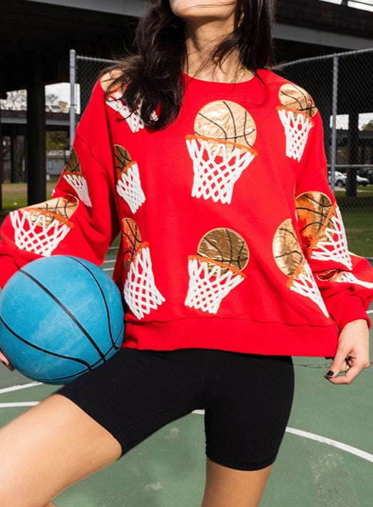 Sequin Basketball Hoop Crewneck Sweatshirt - Red
