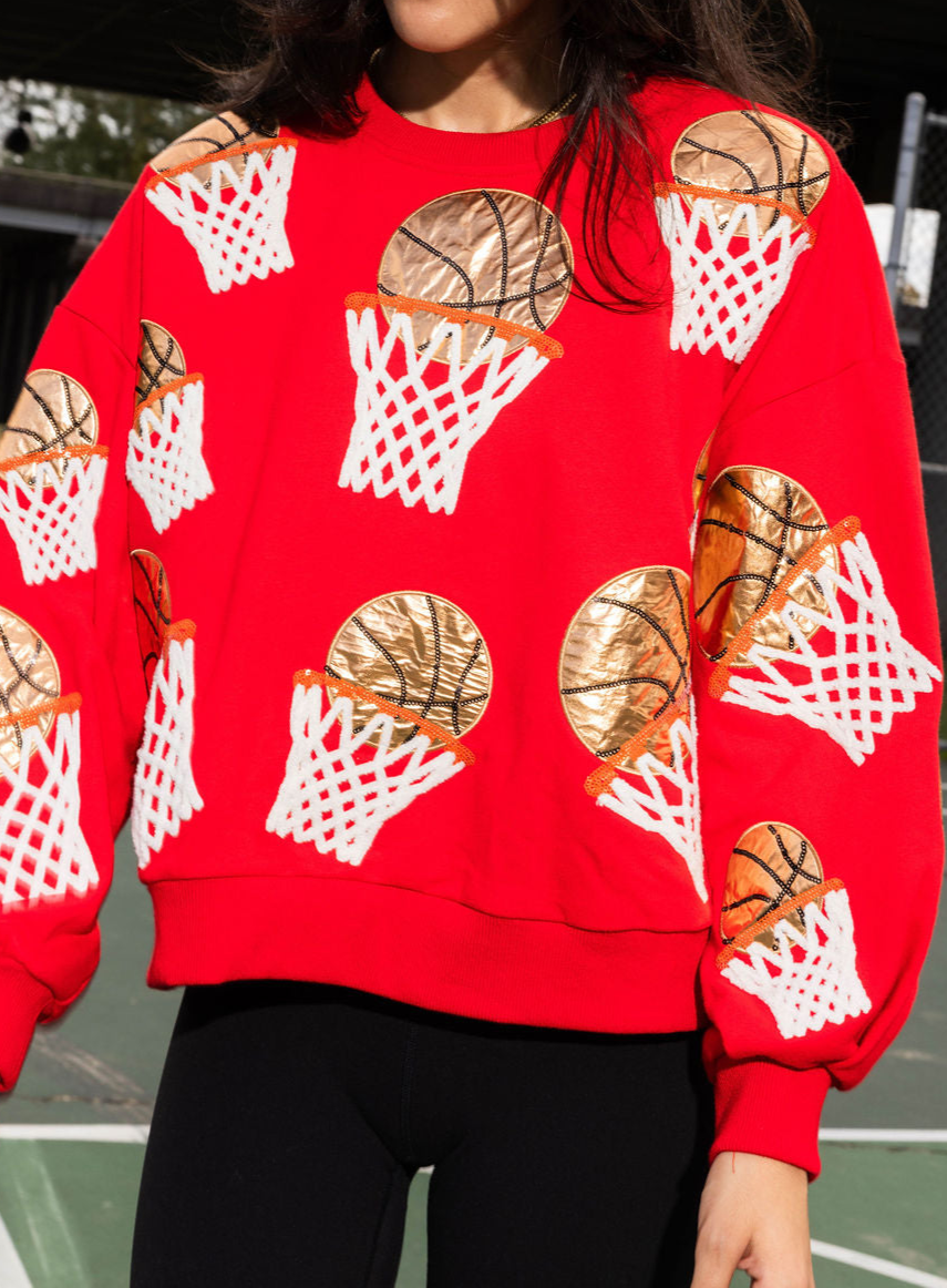 Sequin Basketball Hoop Crewneck Sweatshirt - Red - 1
