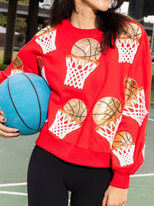 Sequin Basketball Hoop Crewneck Sweatshirt - Red - 2