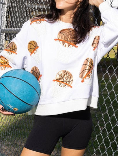 Sequin Basketball Hoop Crewneck Sweatshirt - White