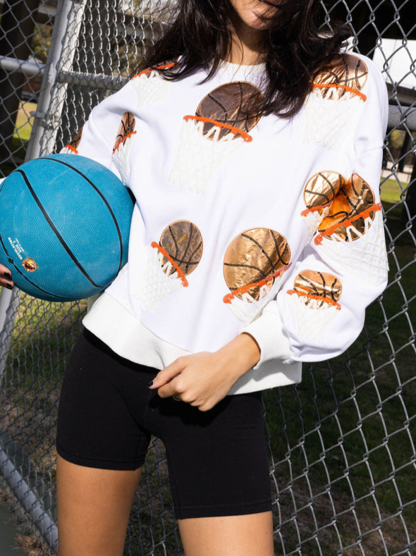 Sequin Basketball Hoop Crewneck Sweatshirt - White - 2