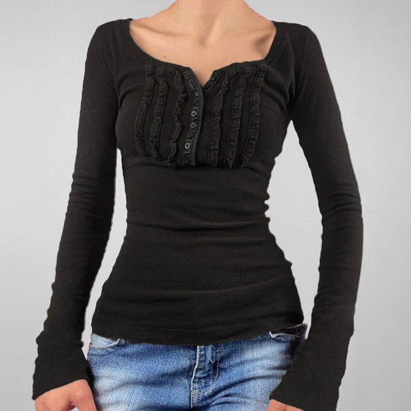 Ruched Placket Long Sleeve Scoop Neck Tee - Black
