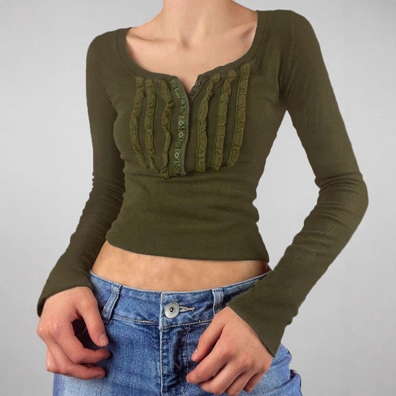Ruched Placket Long Sleeve Scoop Neck Tee - Green