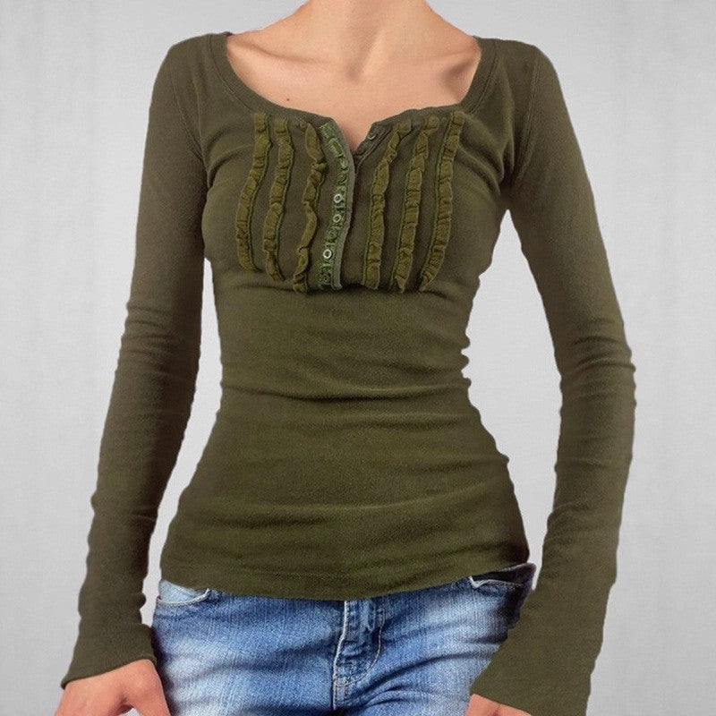Ruched Placket Long Sleeve Scoop Neck Tee - Green - 1