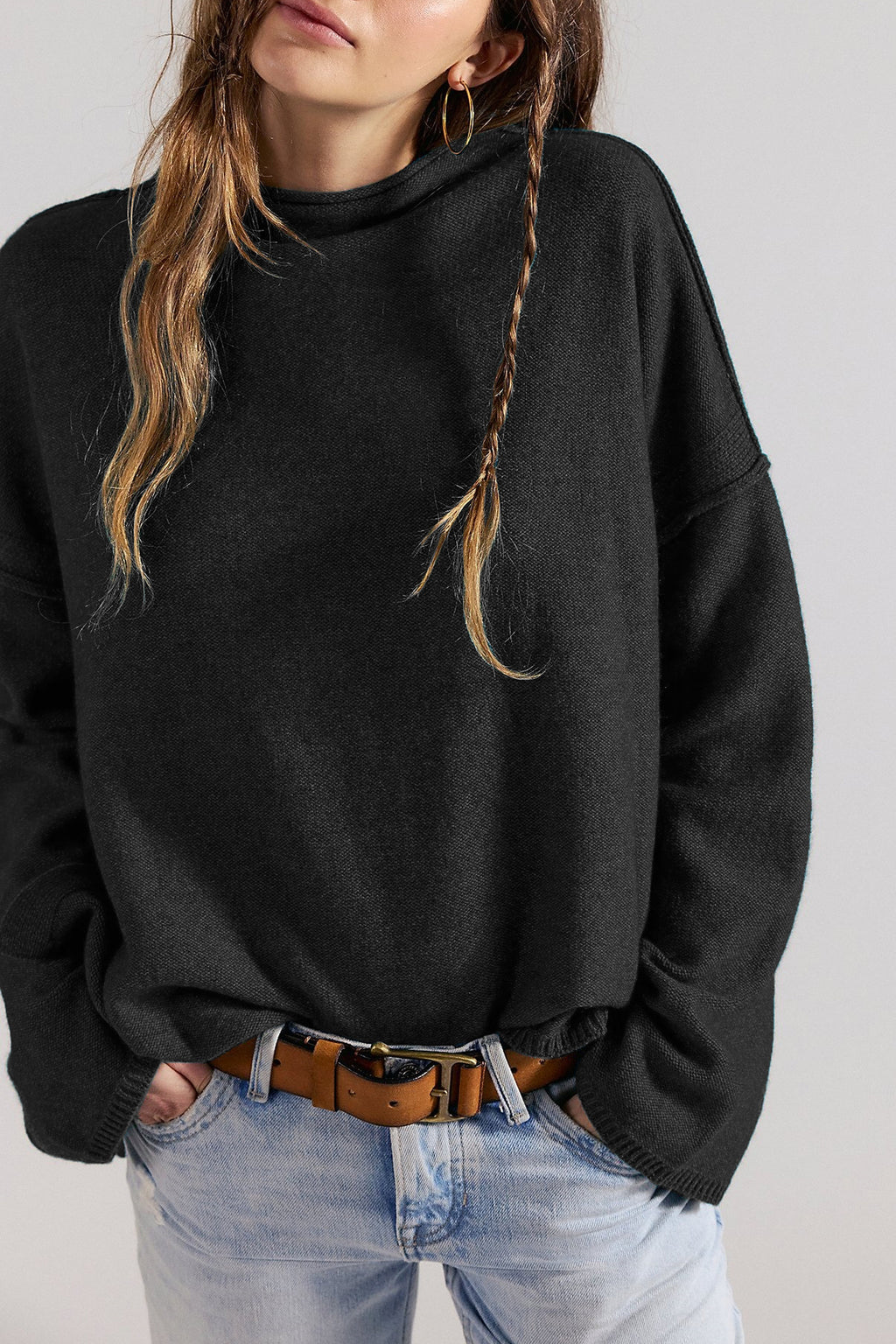 Oversized Rollneck Drop Shoulder Knit Sweater - Black