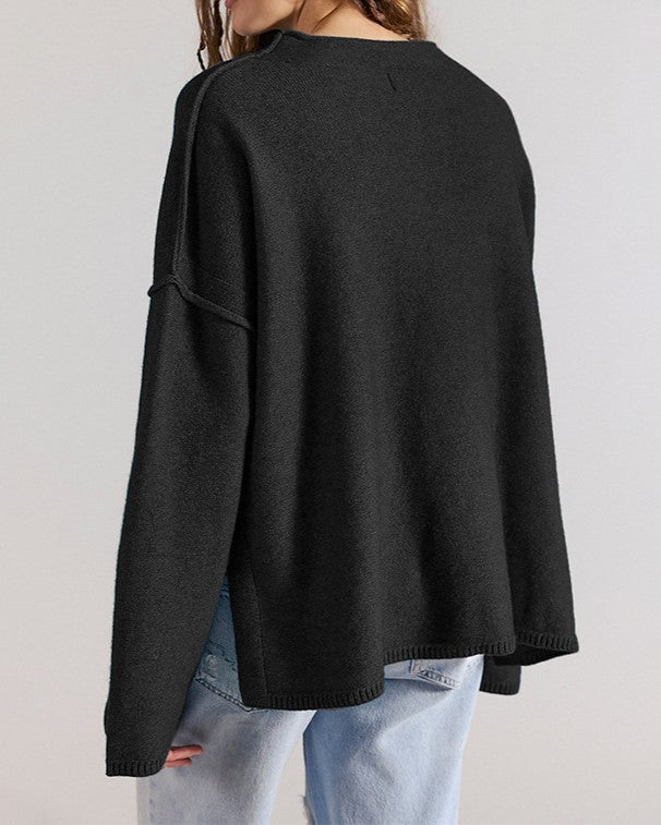 Oversized Rollneck Drop Shoulder Knit Sweater - Black - 1