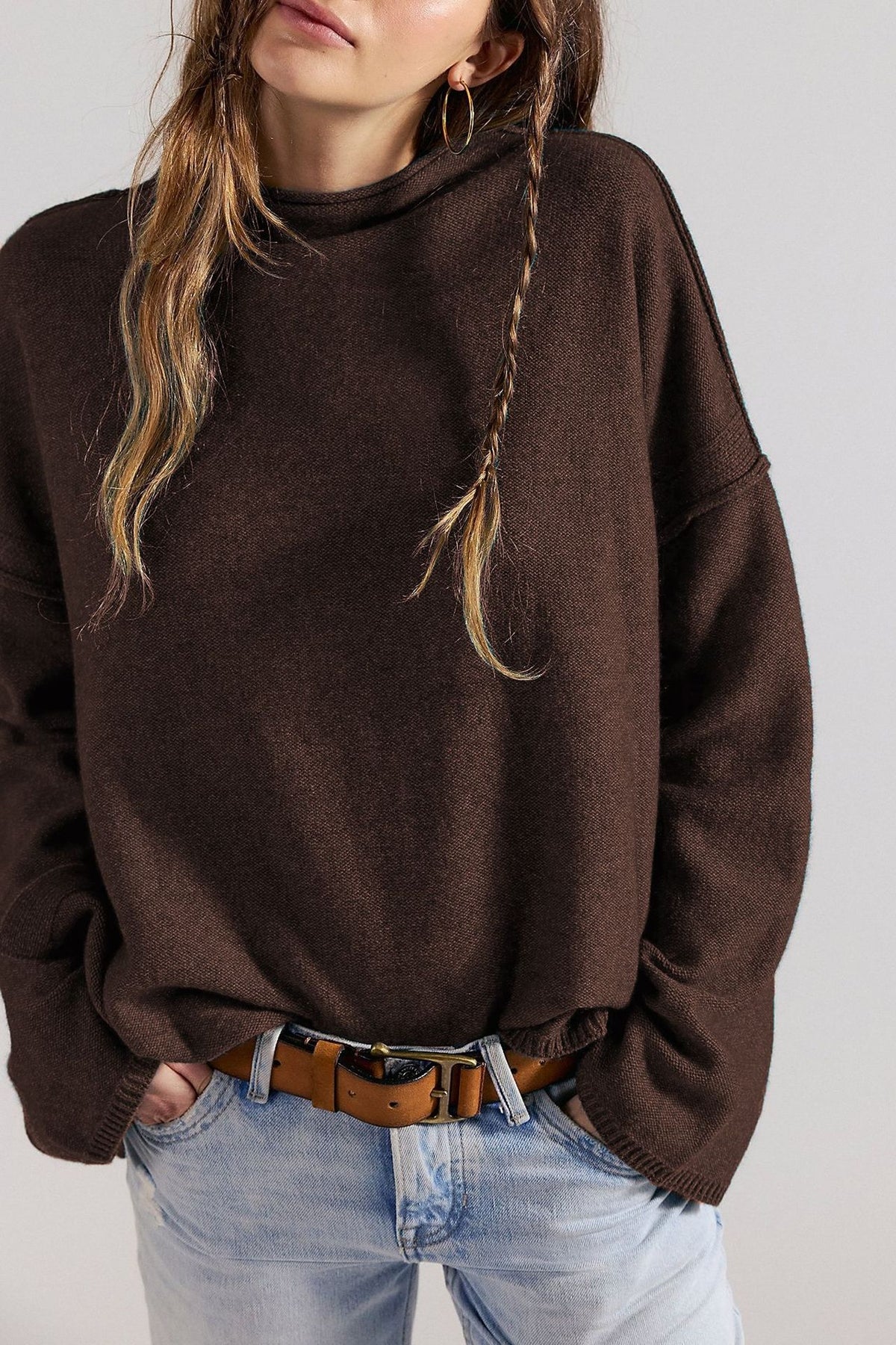 Oversized Rollneck Drop Shoulder Knit Sweater - Coffee