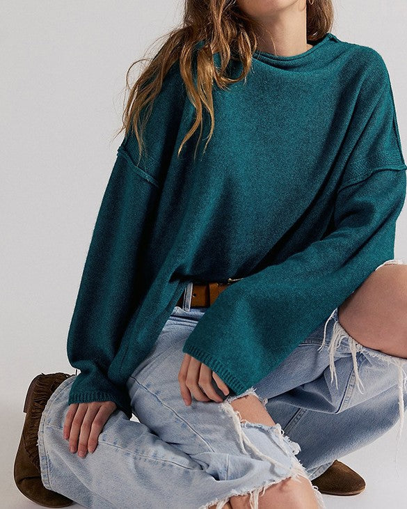 Oversized Rollneck Drop Shoulder Knit Sweater - Emerald - 1