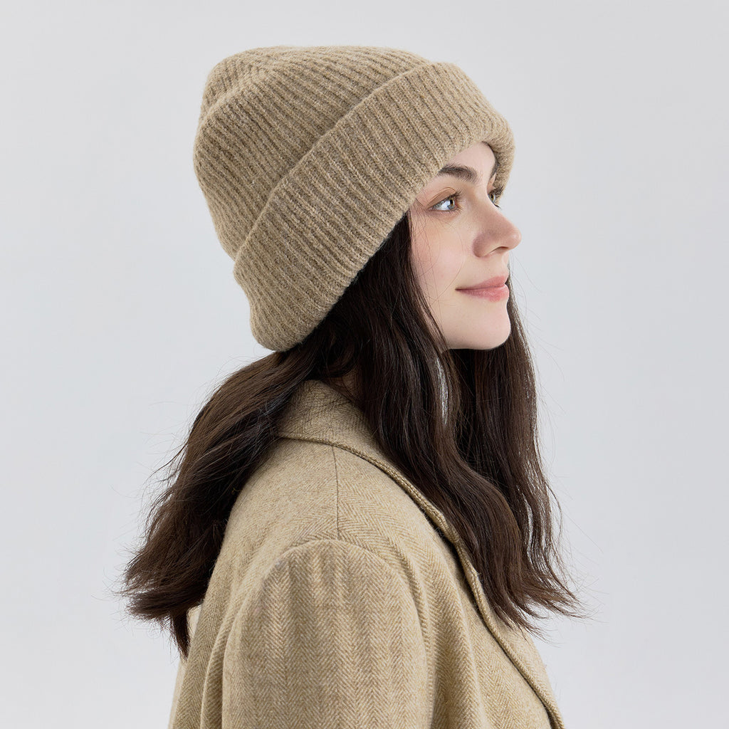 Classic Fold Over Rib Knit Beanie Winter Hat - Apricot