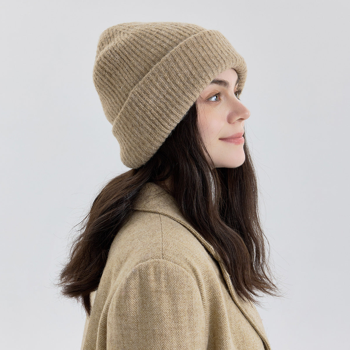 Classic Fold Over Rib Knit Beanie Winter Hat - Apricot