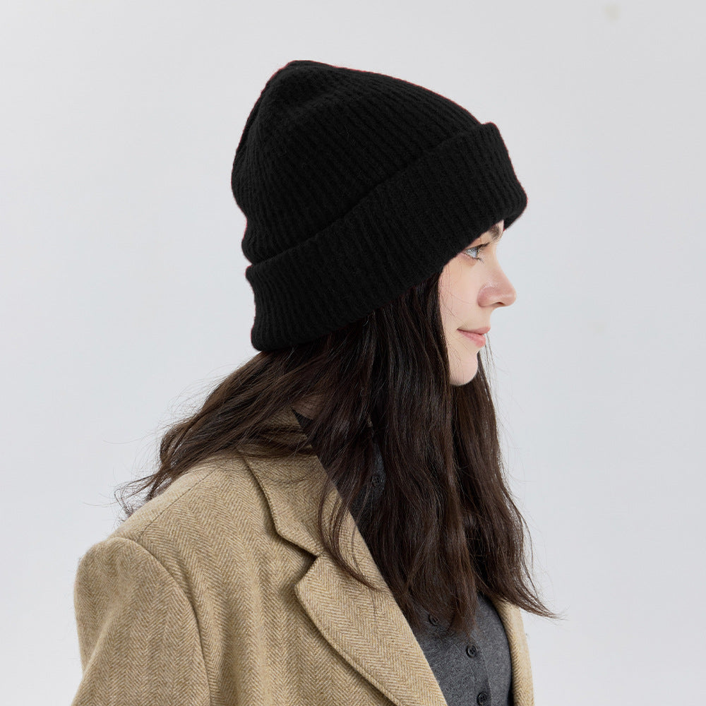 Classic Fold Over Rib Knit Beanie Winter Hat - Black