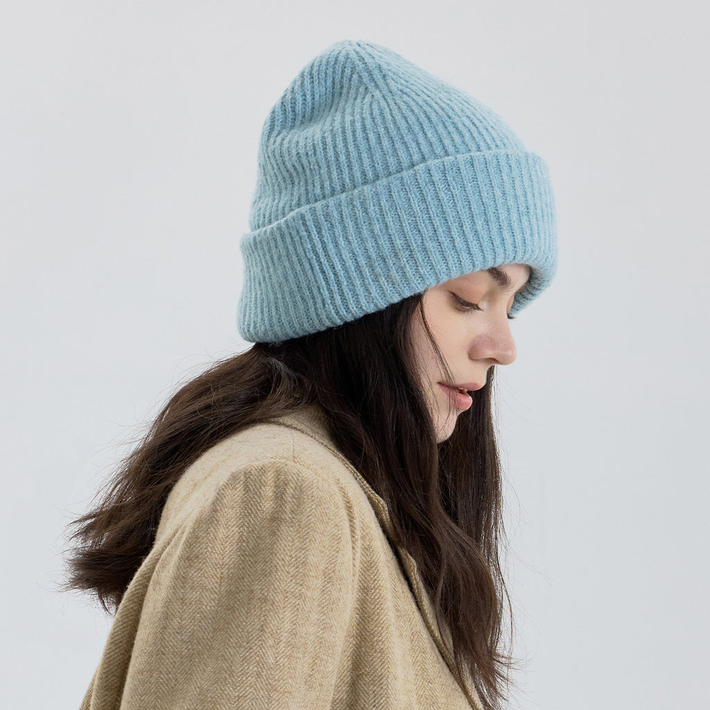 Classic Fold Over Rib Knit Beanie Winter Hat - Blue