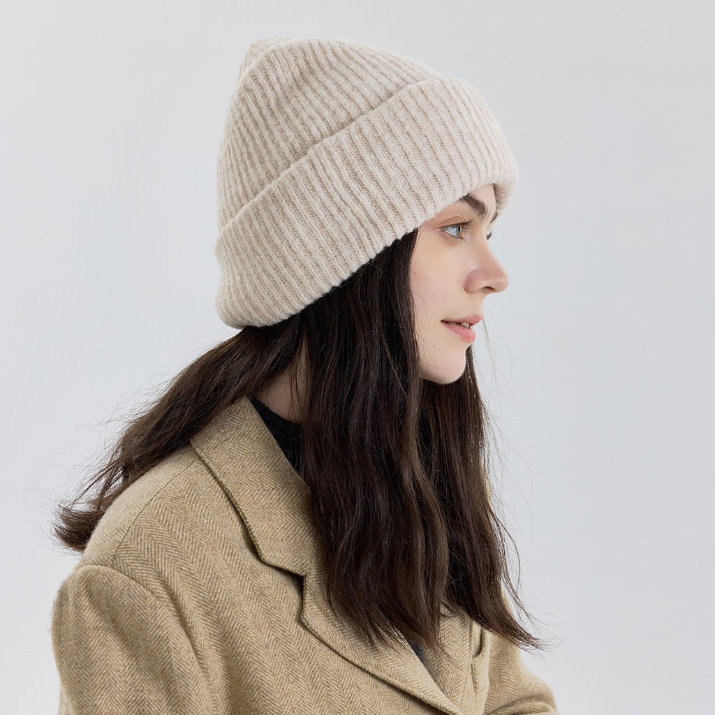 Classic Fold Over Rib Knit Beanie Winter Hat - Cream