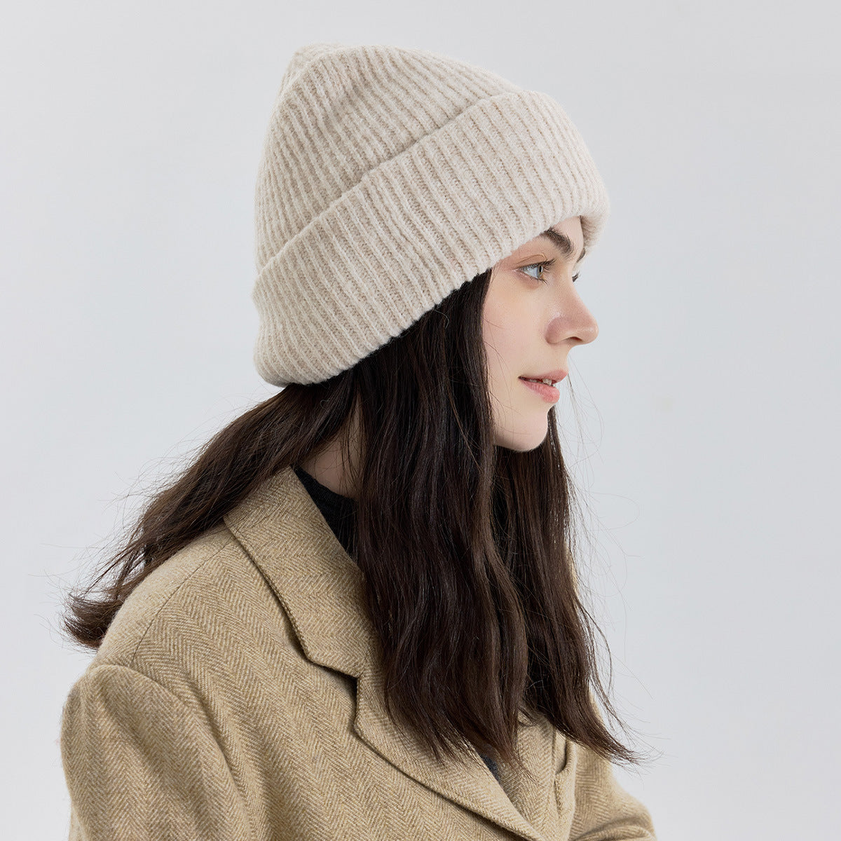 Classic Fold Over Rib Knit Beanie Winter Hat - Cream