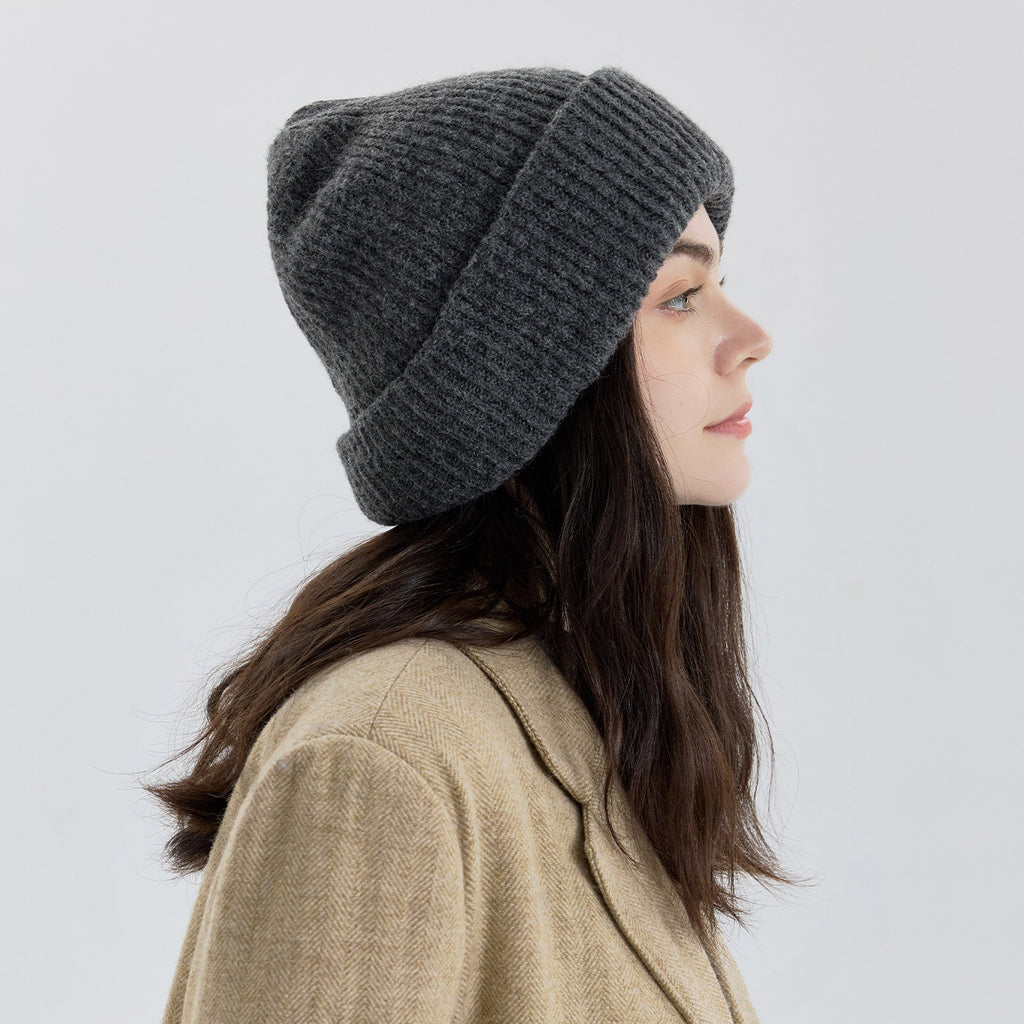 Classic Fold Over Rib Knit Beanie Winter Hat - Grey