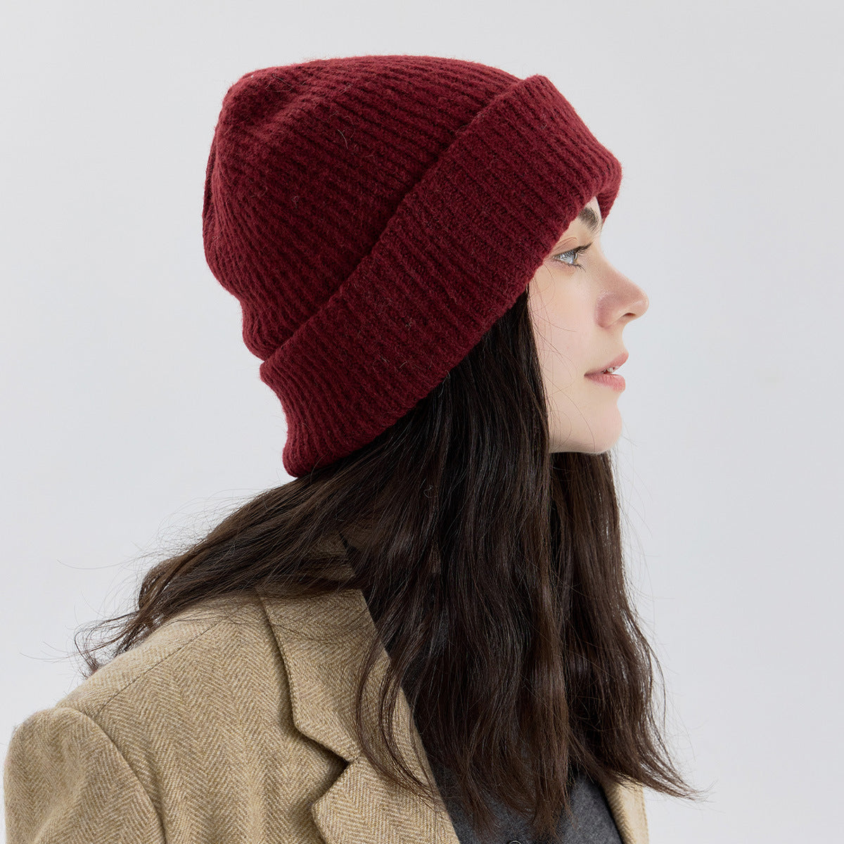 Classic Fold Over Rib Knit Beanie Winter Hat - Red