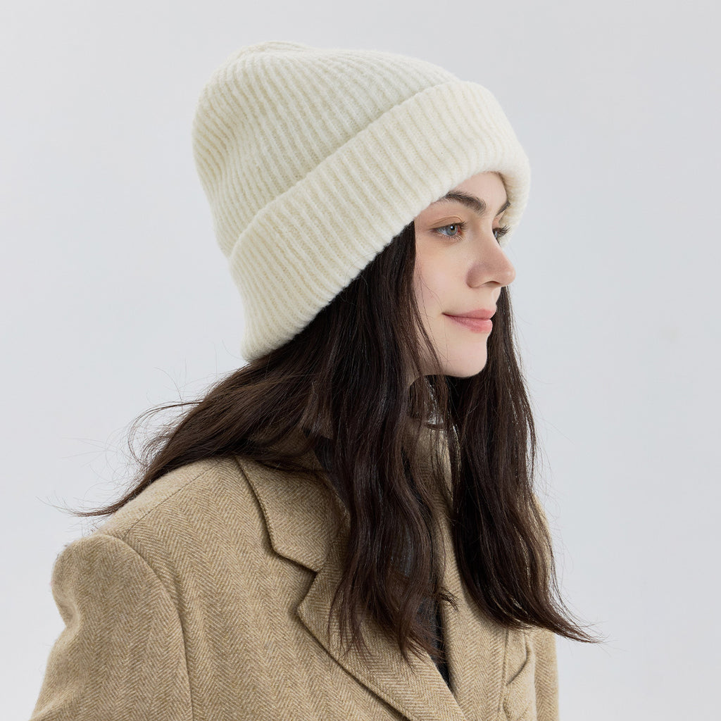 Classic Fold Over Rib Knit Beanie Winter Hat - White