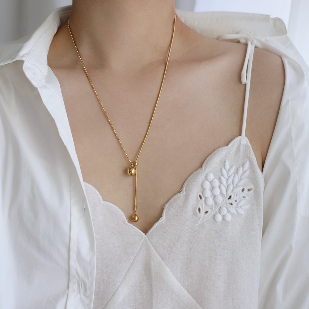 Sliding Ball Bead Y Drop Necklace - Gold - 4